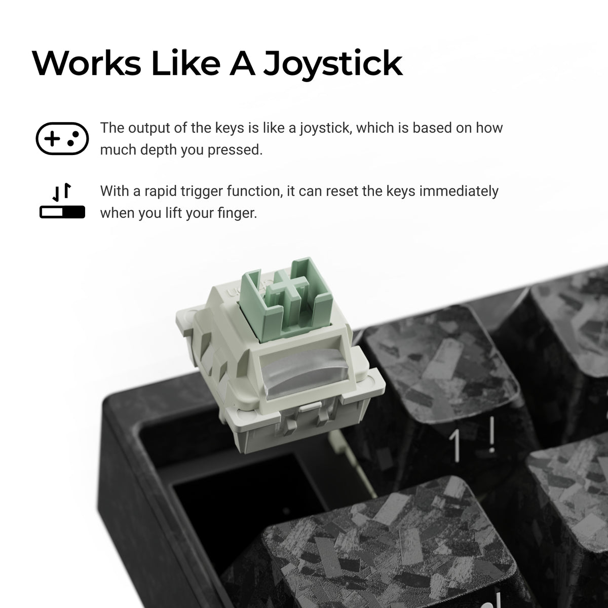 A close-up of a mechanical keyboard keycap and switch on a white background with explanatory text reading 'Works Like A Joystick' and feature bullet points about key output and rapid trigger reset.