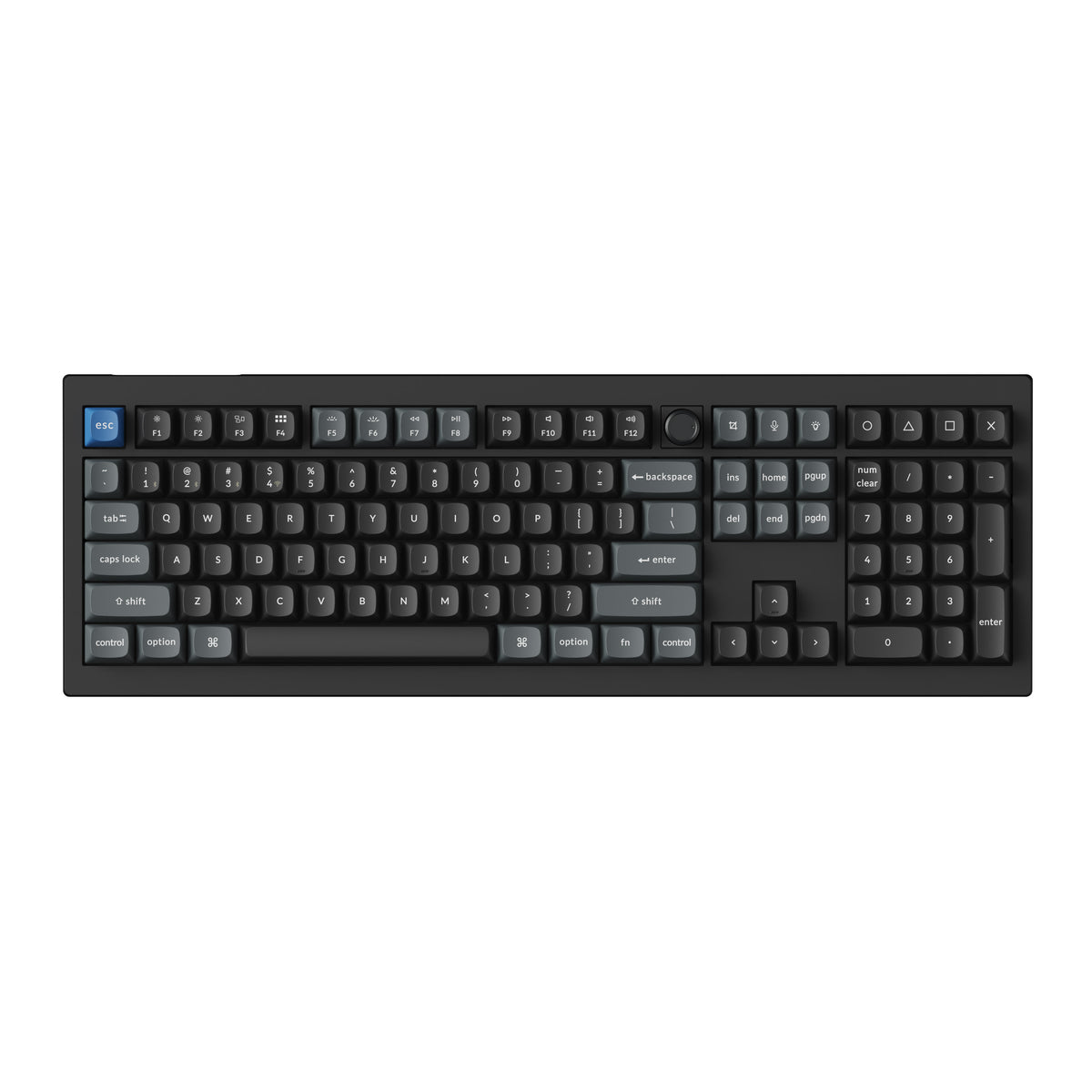 A full-size computer keyboard with a black frame and dark gray keys, featuring a blue 'ESC' key in the top-left corner and white symbols printed on the keys, shown against a plain white background.