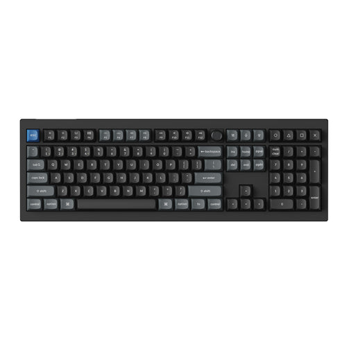 A full-size computer keyboard with a black frame and dark gray keys, featuring a blue 'ESC' key in the top-left corner and white symbols printed on the keys, shown against a plain white background.