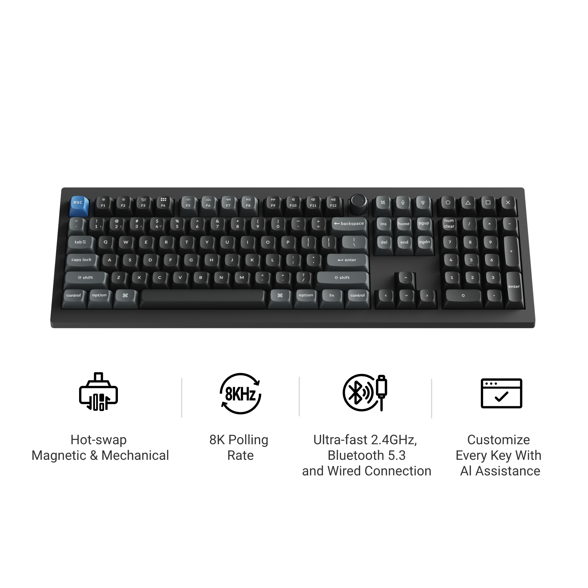 A black full-size mechanical keyboard with a blue brand logo in the top-left corner, shown on a white background with four feature callout icons and text below.