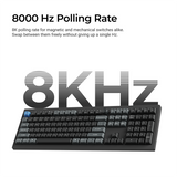 A black computer keyboard shown on a white background with large promotional text reading '8000 Hz Polling Rate' and '8KHz'. The image is explanatory rather than a plain product photo, so the best subject_type is Instruction Diagram rather than Product/Packaging.