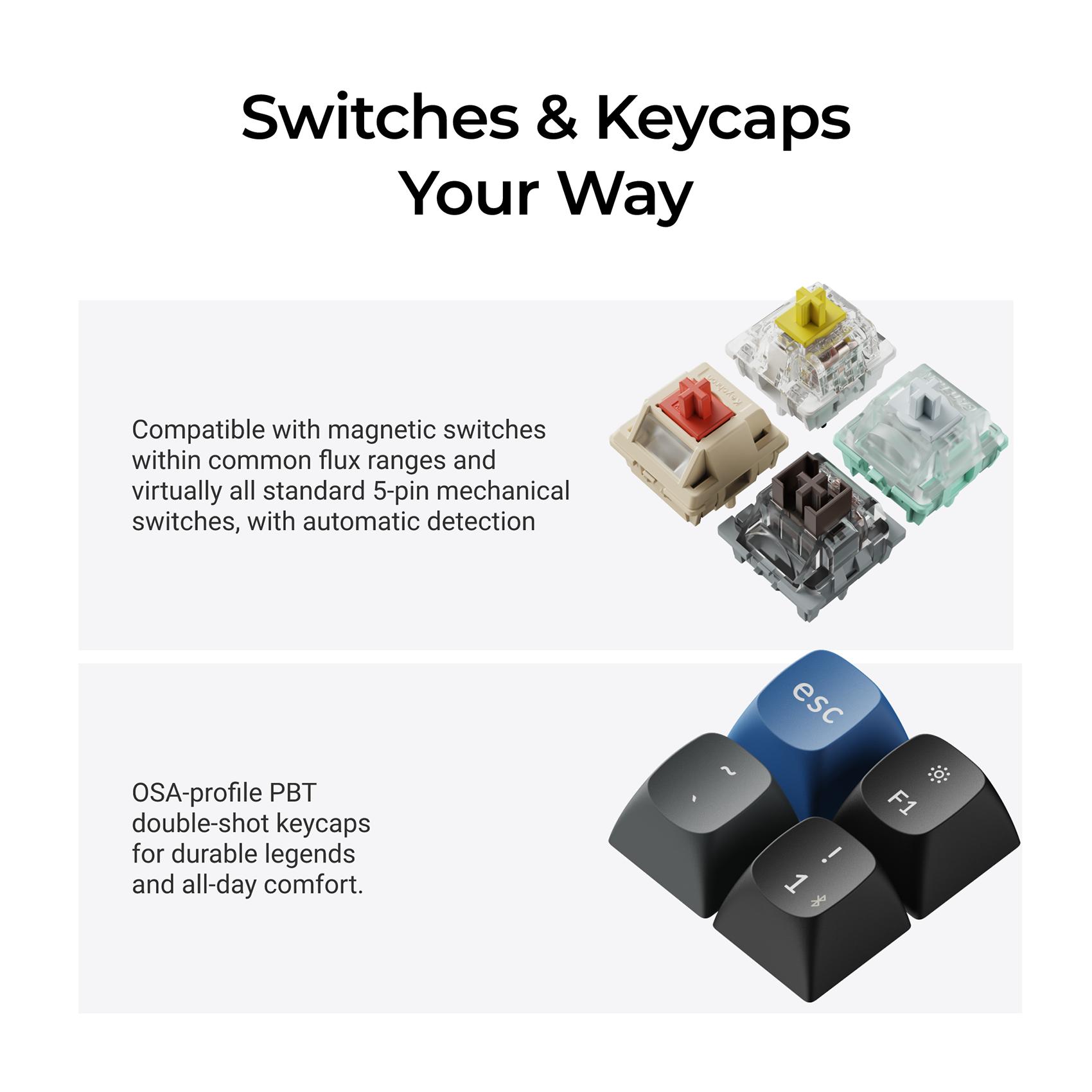 Promotional graphic for mechanical keyboard switches and keycaps with the headline 'Switches & Keycaps Your Way' on a light gray background. The left panel describes compatibility with magnetic switches and standard 5-pin mechanical switches, with four small switch images on the right.