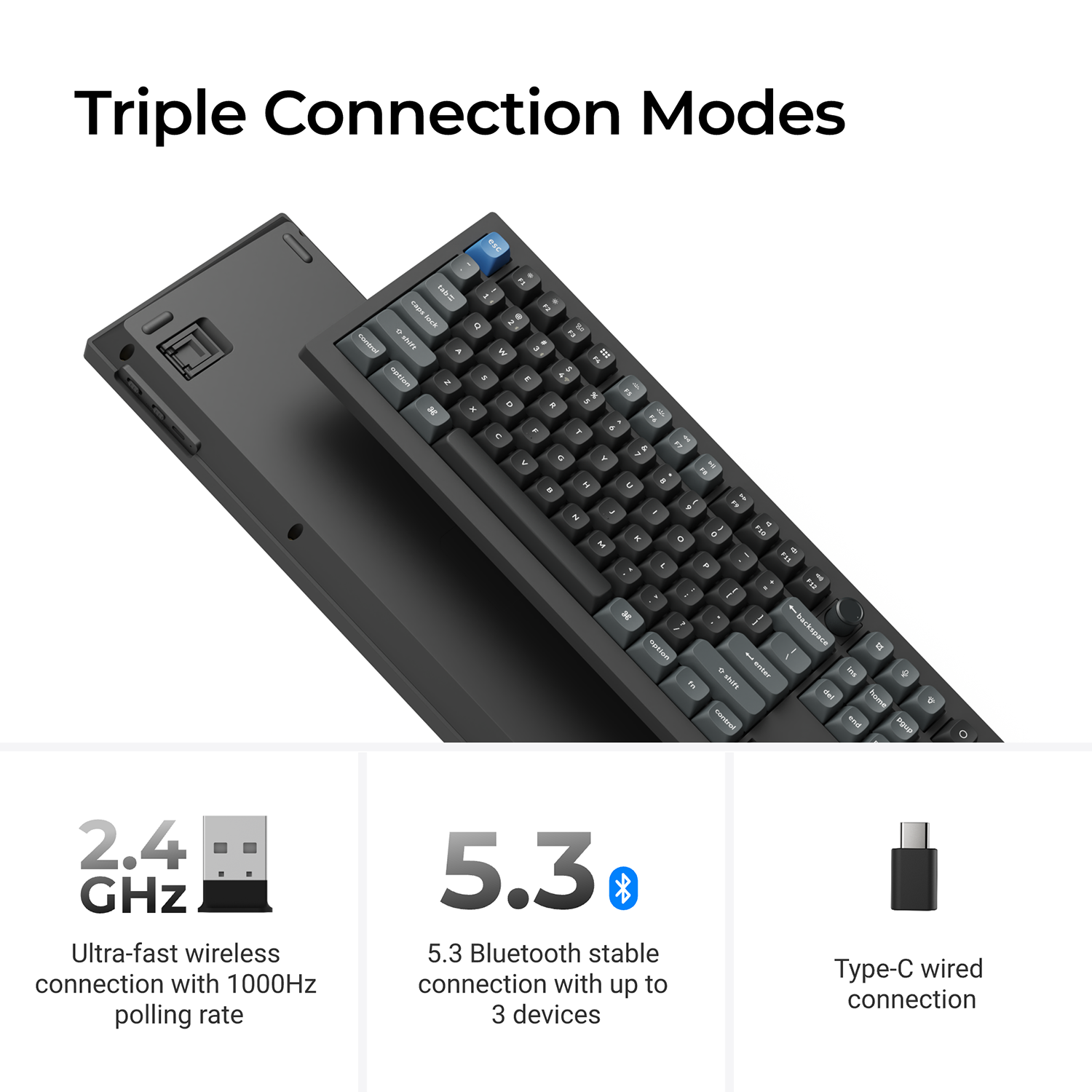 A black wireless keyboard shown on a white background with feature callouts for triple connection modes: 2.4 GHz USB wireless, 5.3