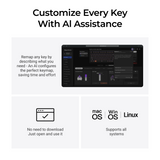 Promotional graphic for Keychron AI, featuring a dark software interface screenshot in the center with text reading 'Customize Every Key With AI Assistance' and supporting claims for macOS, Windows, and Linux compatibility.