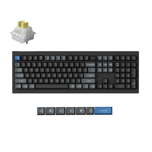 A black mechanical keyboard shown on a white background, with a small inset of a gold-and-white switch at top left and six keycap close-ups along the bottom. The keyboard has mostly black and gray keycaps, with a blue PUP keycap and a blue accent key.
