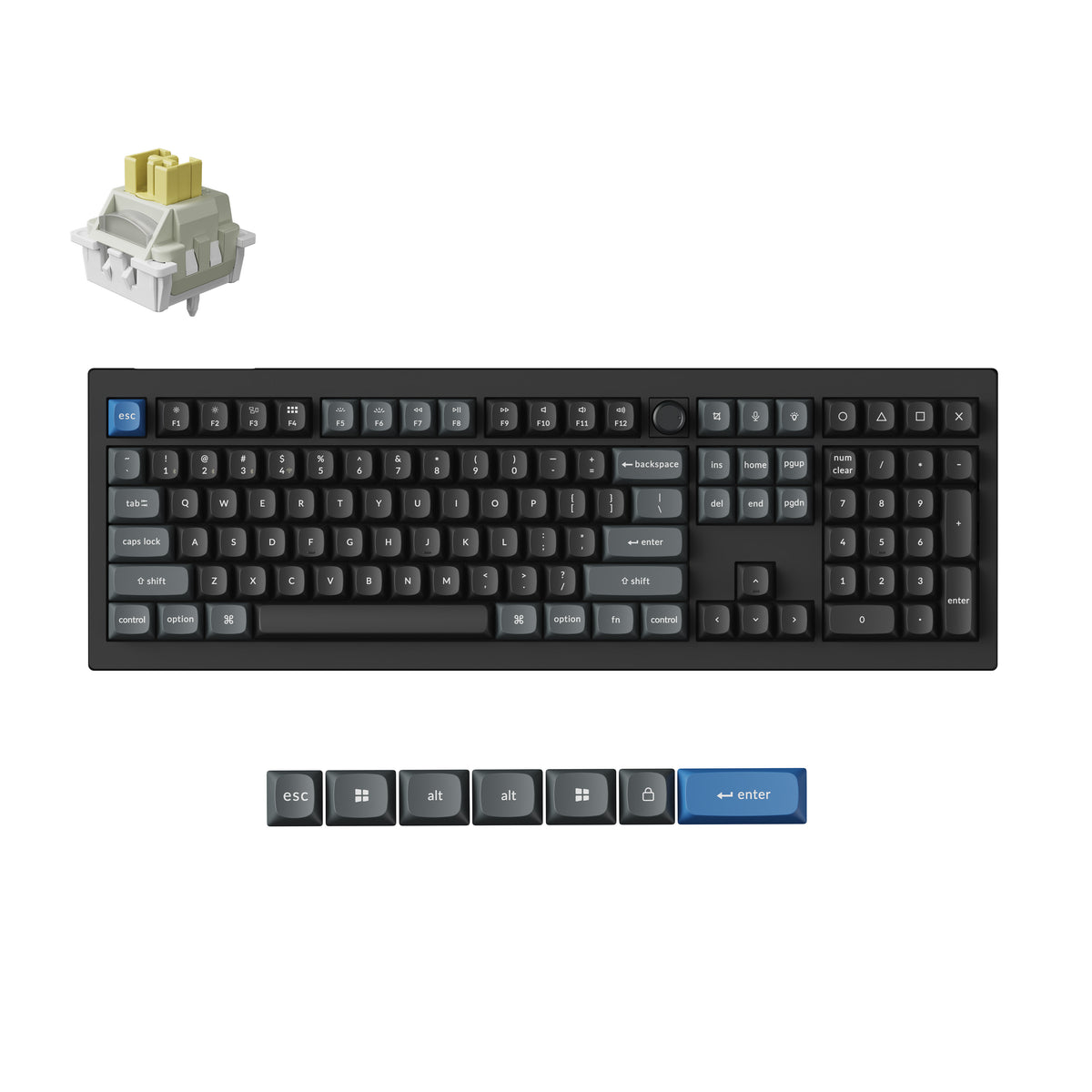 A black mechanical keyboard shown on a white background, with a small inset of a gold-and-white switch at top left and six keycap close-ups along the bottom. The keyboard has mostly black and gray keycaps, with a blue PUP keycap and a blue accent key.