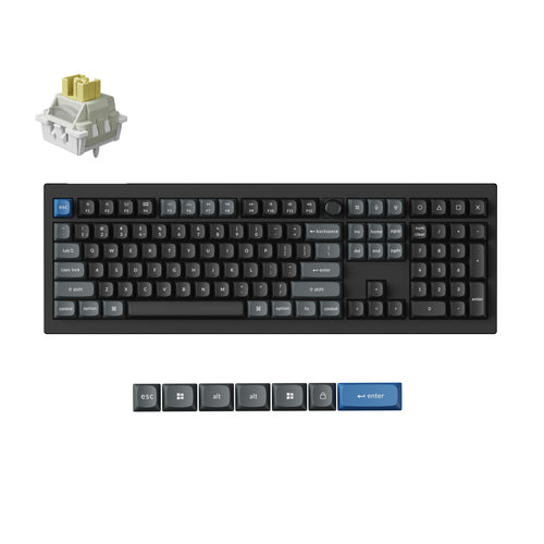 A black mechanical keyboard shown on a white background, with a small inset of a gold-and-white switch at top left and six keycap close-ups along the bottom. The keyboard has mostly black and gray keycaps, with a blue PUP keycap and a blue accent key.