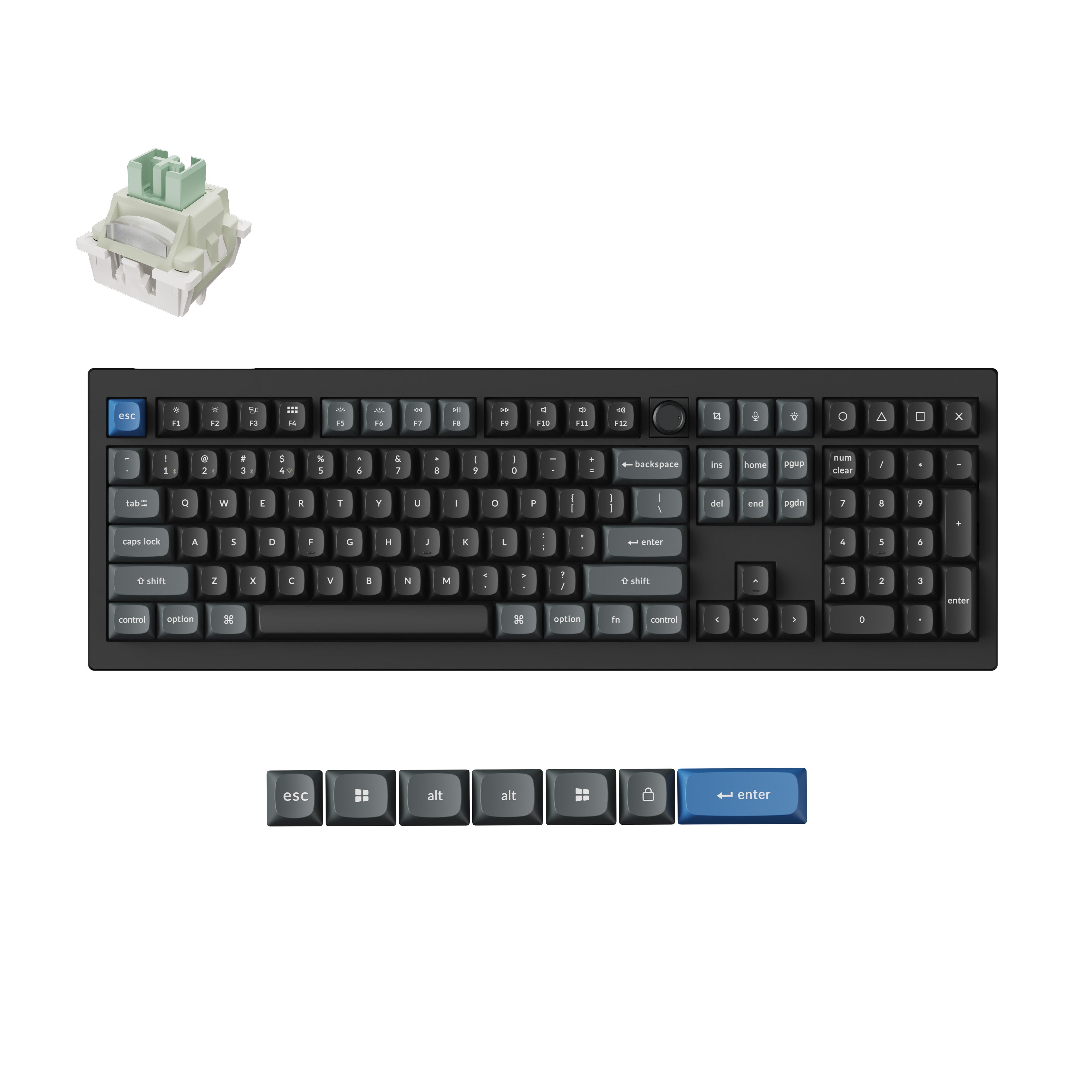 A black mechanical keyboard shown on a white background, with a small inset of a green-and-white switch at top left and a row of keycap close-ups at the bottom. The keyboard has mostly black and gray keycaps with a blue accent key near the left edge.