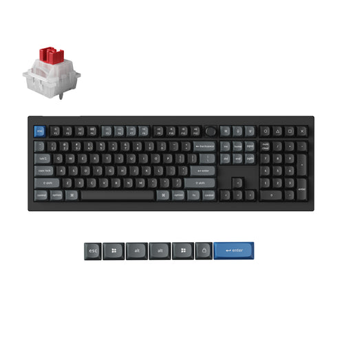 A black mechanical keyboard shown on a white background, with a small inset of a switch and a row of keycap close-ups below. The keyboard has mostly black and gray keycaps, with a blue Enter key and a blue letter key.