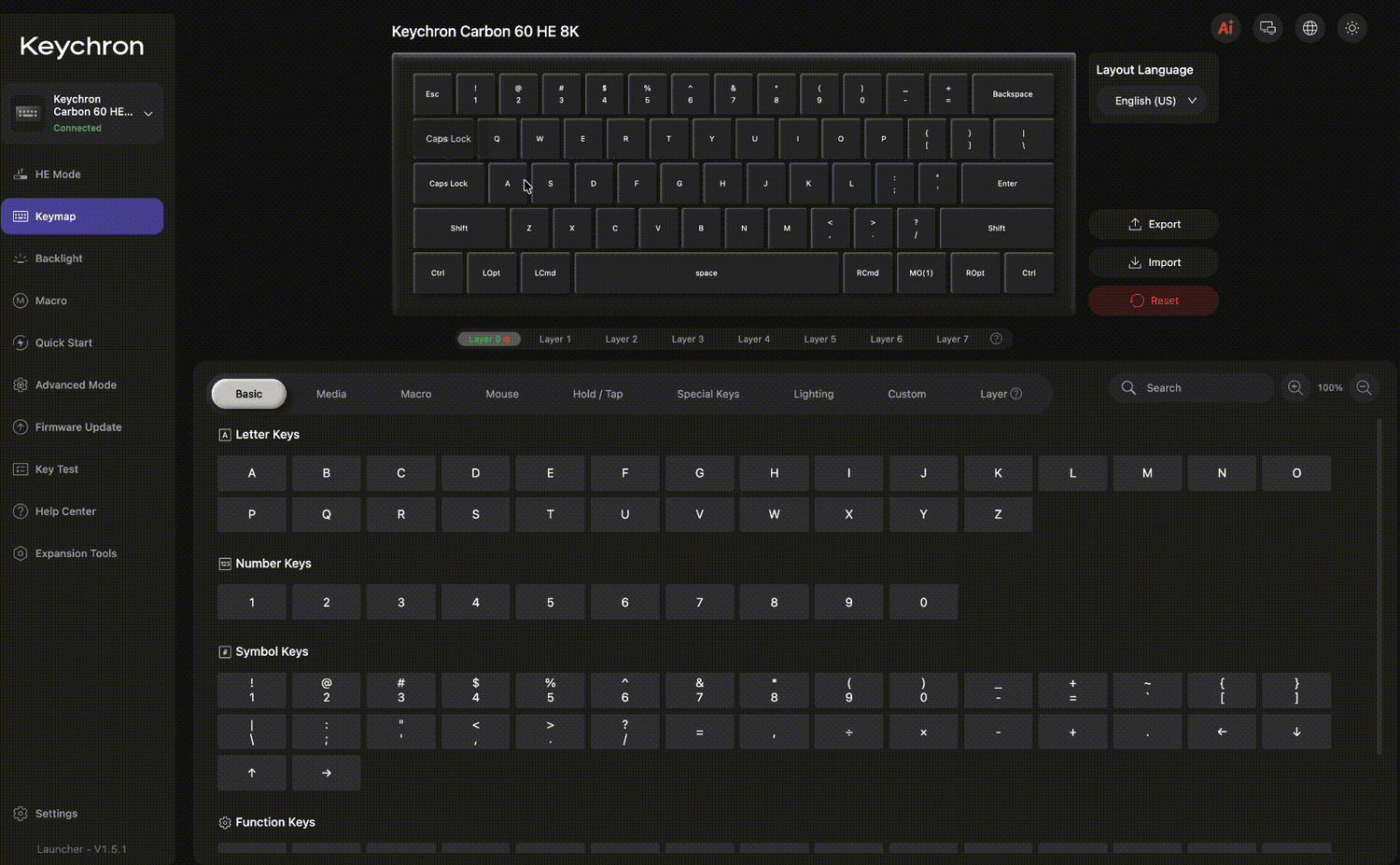 Customize your Carbon 60 HE 8K directly in your browser with the Keychron Launcher web app. Remap any key to your preferred function, such as assigning “Q” to the “2” key, and create a layout that fits the way you work and play.